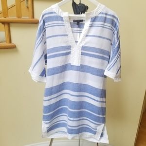 Banana Republic Blue and White 100% Linen Tunic/Caftan Swin Coverup Size XS